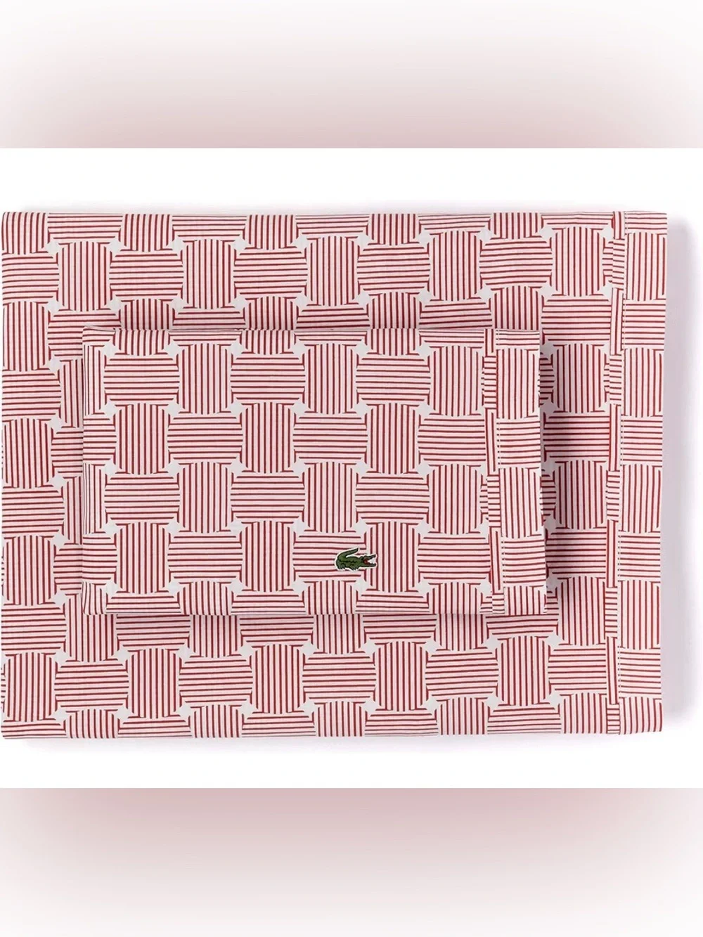 Lacoste 100% Cotton Percale Sheet Set, Geo Compass Print, Garnet, Queen